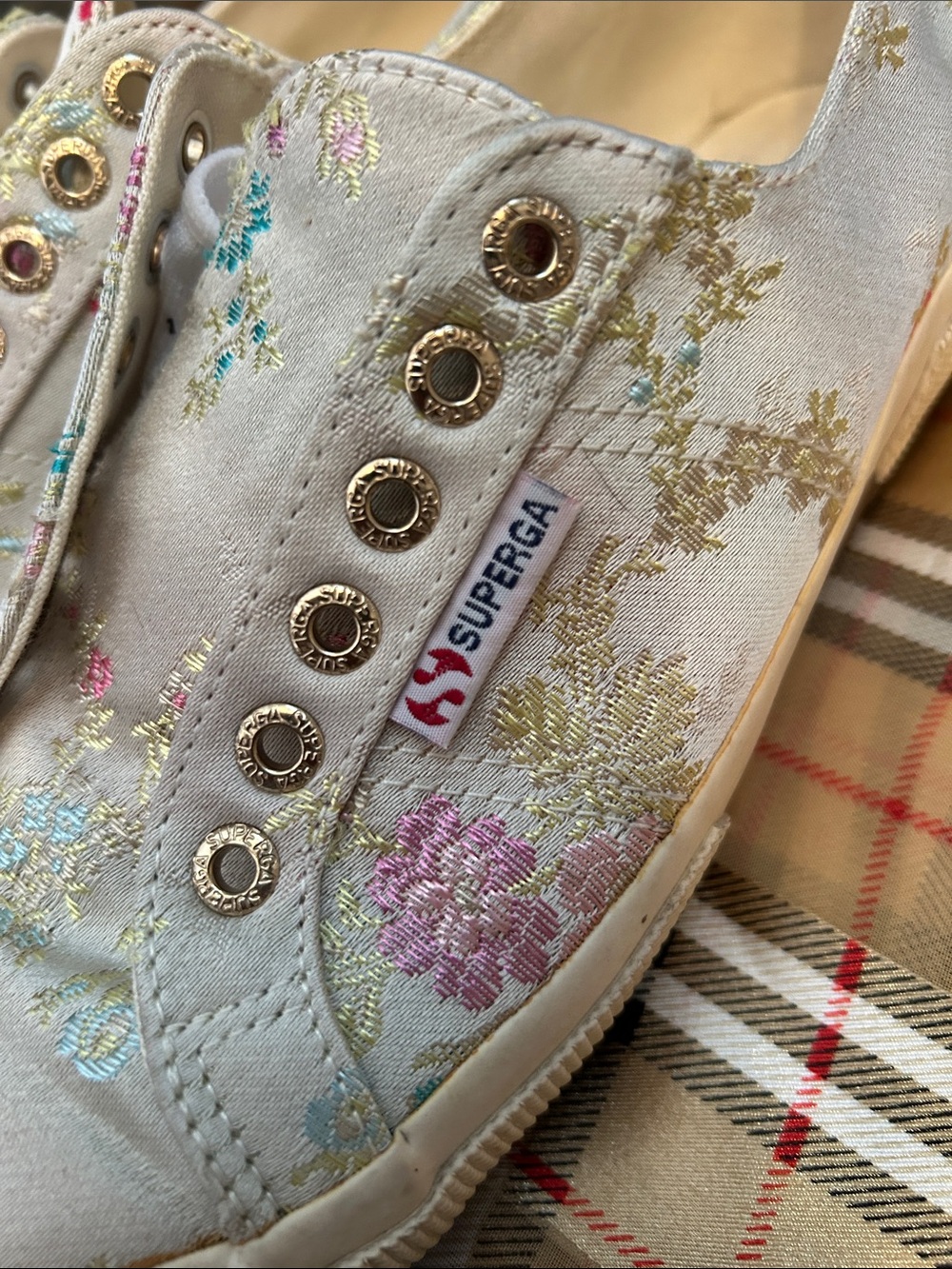 Superga Ivory Floral Slip-On Sneakers with Gold Eyelets